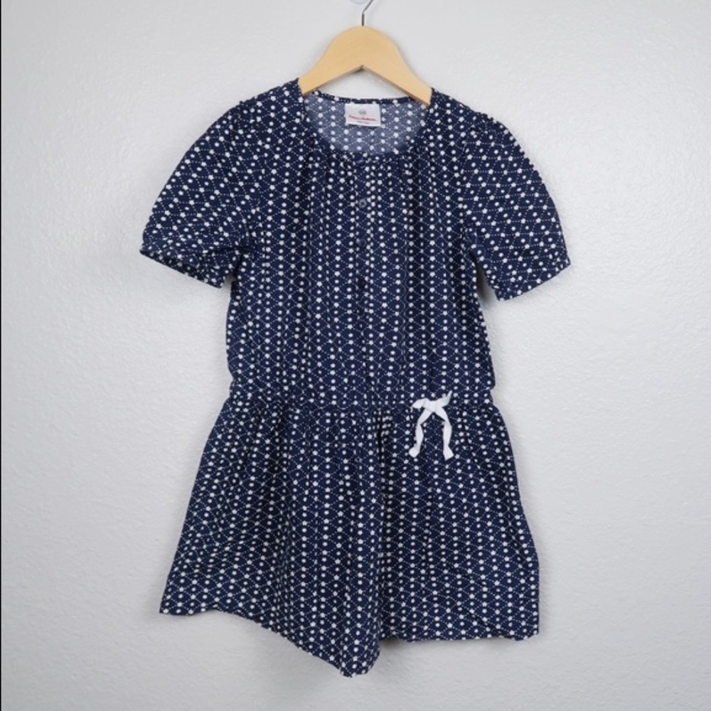 Hanna Andersson Dainty Floral Print Navy Blue Puff Sleeve Cotton Dress Girls 6-7